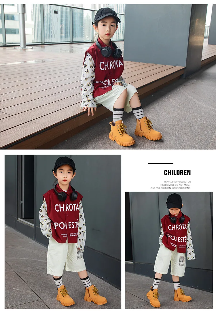 Fashion Boy Girl Short Boots Non-Slip British Style Boots Children's Side Zipper Design Single Boots Leather Boots Anti-skid