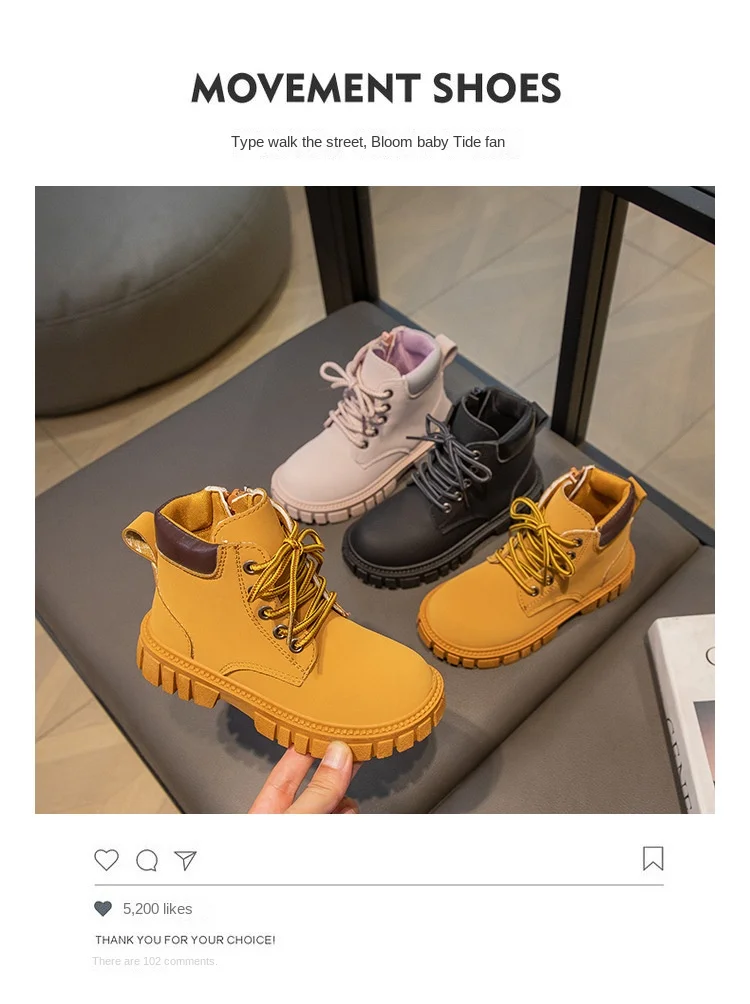 Fashion Boy Girl Short Boots Non-Slip British Style Boots Children's Side Zipper Design Single Boots Leather Boots Anti-skid