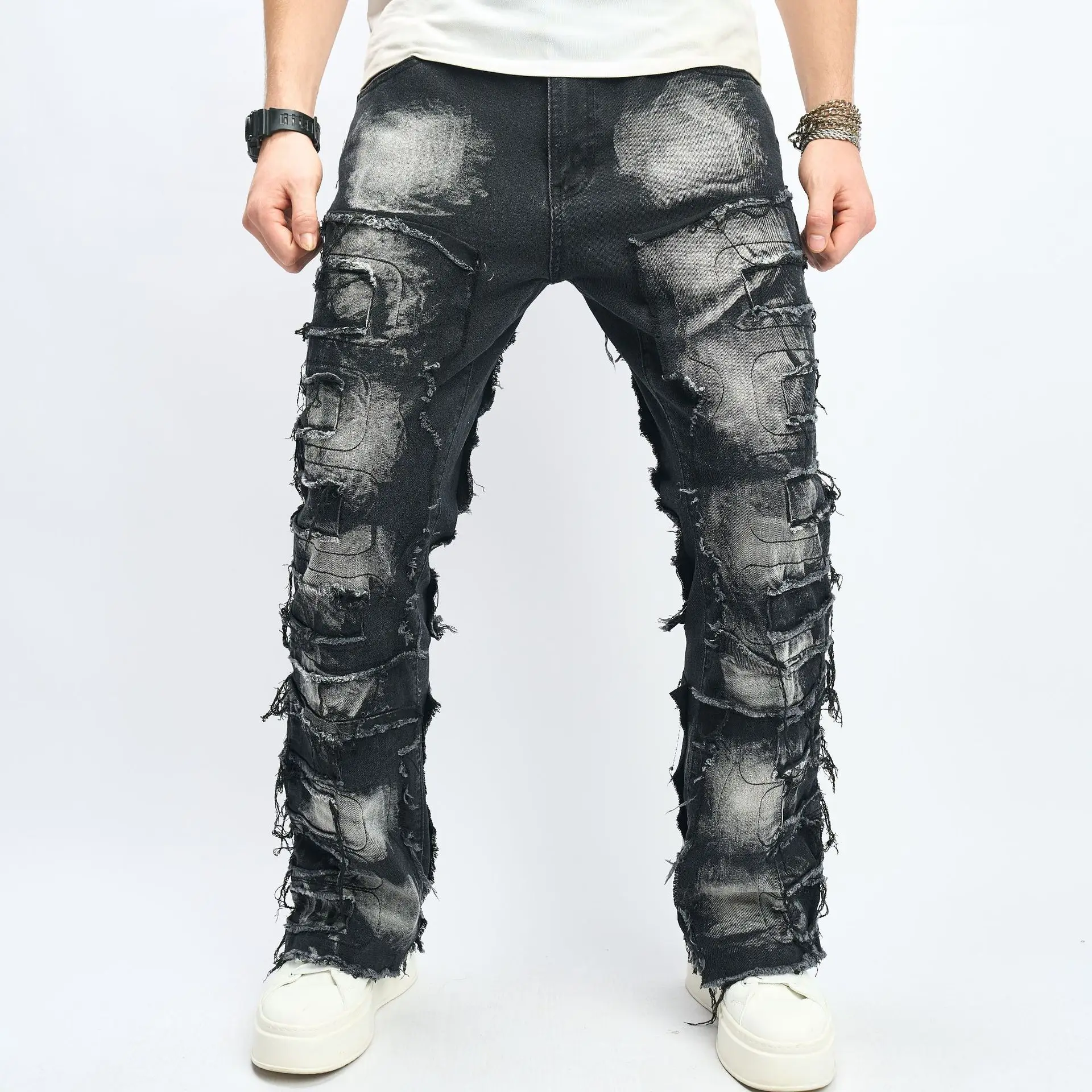2024 New American Men's Fashion Trendy Denim Long Pants with Whiskering, Slim Fit, Slight Flare, Hip-hop and High Street Styles.