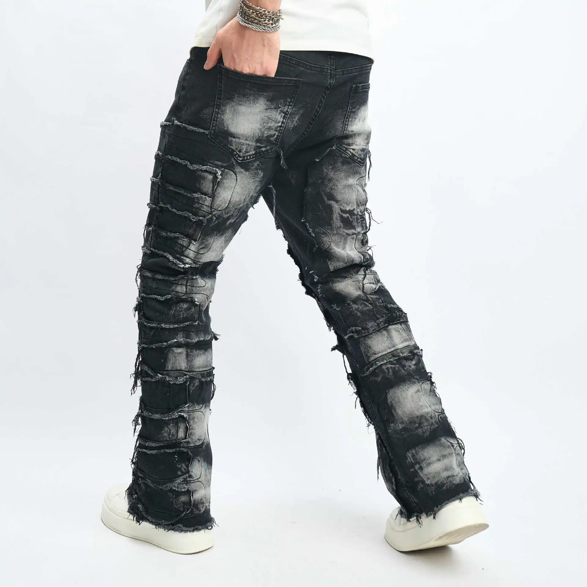 2024 New American Men's Fashion Trendy Denim Long Pants with Whiskering, Slim Fit, Slight Flare, Hip-hop and High Street Styles.