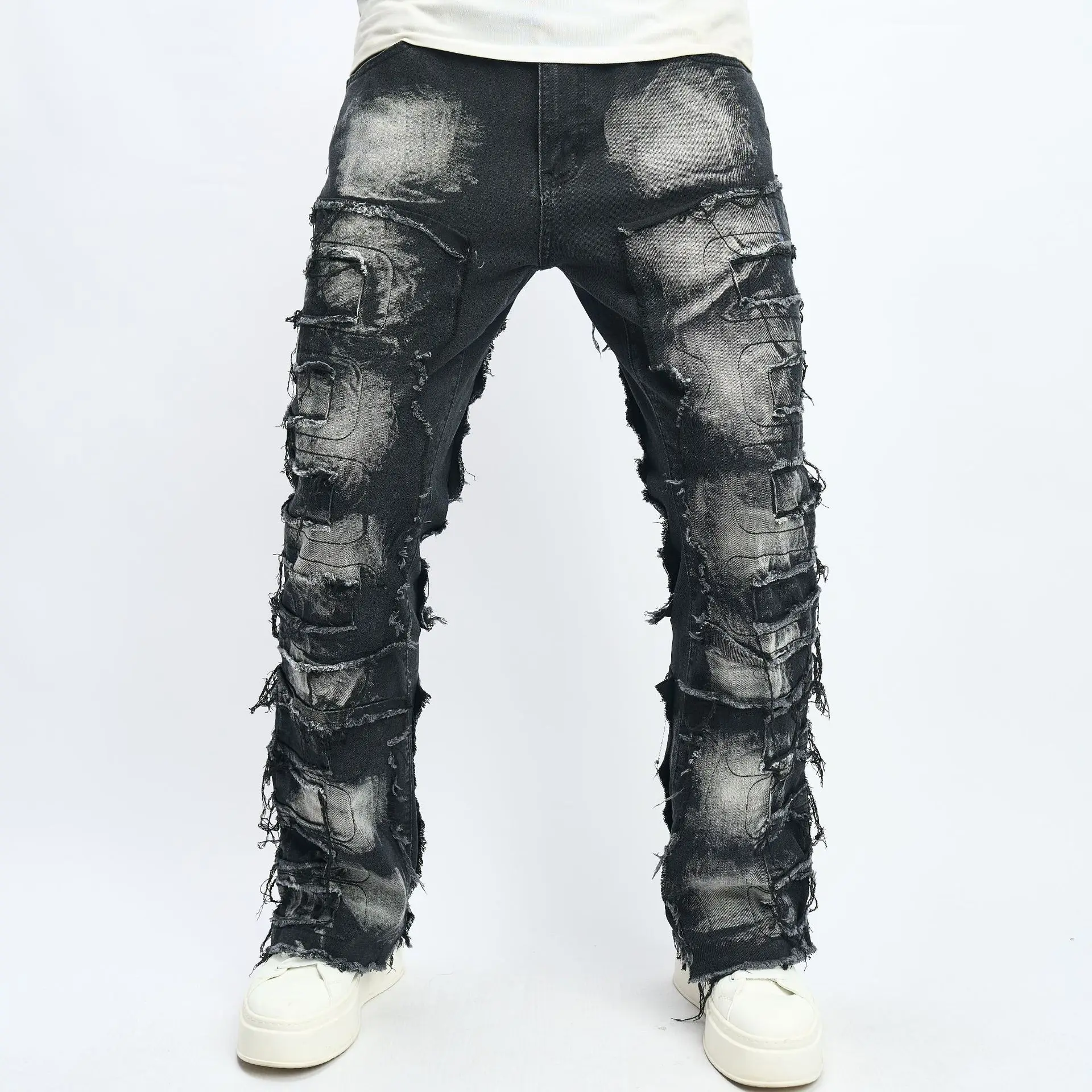 2024 New American Men's Fashion Trendy Denim Long Pants with Whiskering, Slim Fit, Slight Flare, Hip-hop and High Street Styles.