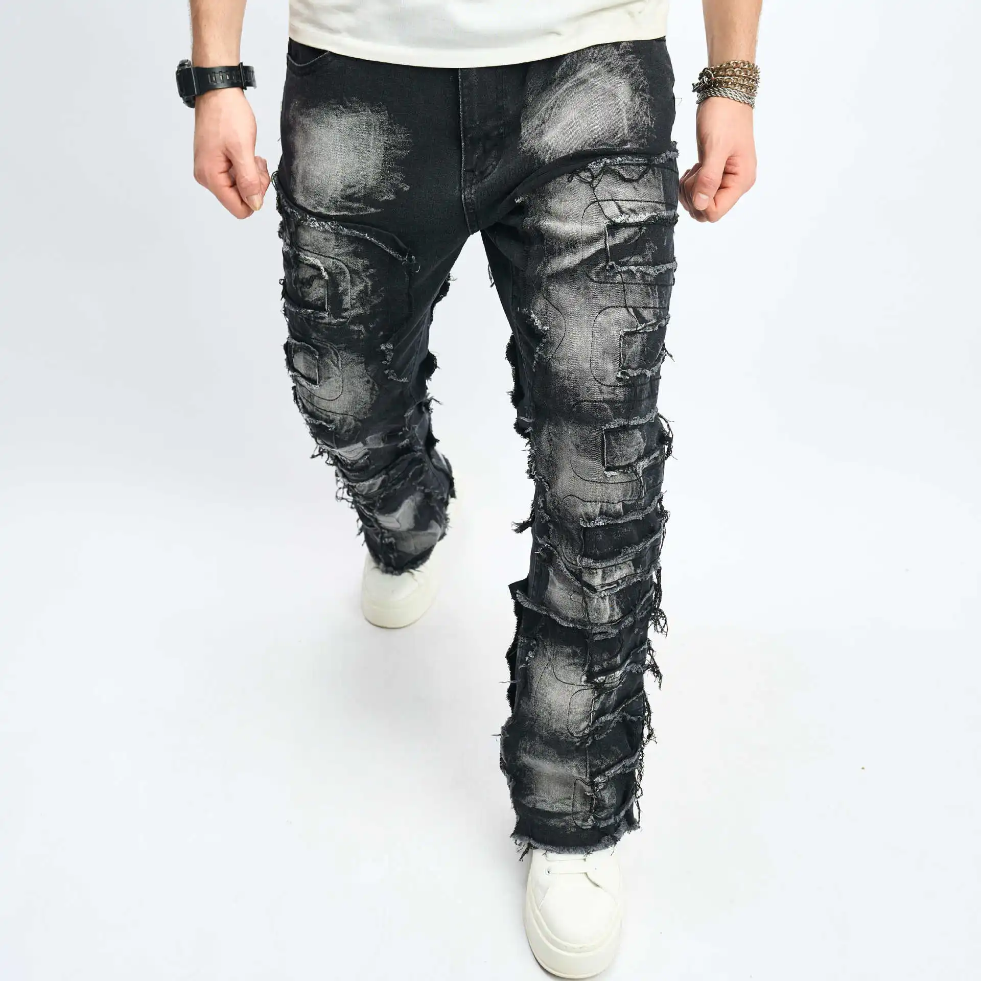 2024 New American Men's Fashion Trendy Denim Long Pants with Whiskering, Slim Fit, Slight Flare, Hip-hop and High Street Styles.