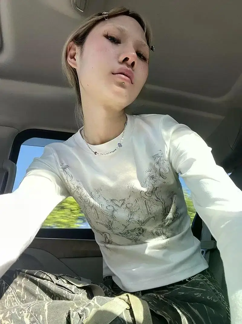 Vintage Women Clothes Y2K T-shirts 2023 Blusas O-neck Long Sleeve Print Tunic Woman Clothing Fashion Casual Crop Tops Shirts