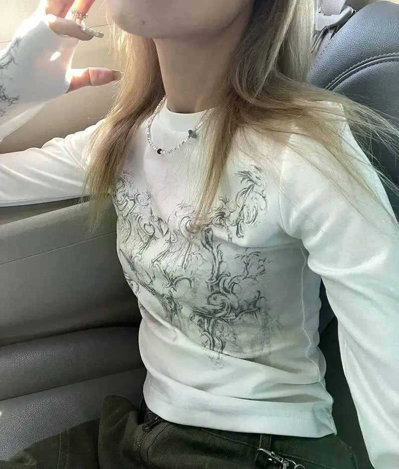 Vintage Women Clothes Y2K T-shirts 2023 Blusas O-neck Long Sleeve Print Tunic Woman Clothing Fashion Casual Crop Tops Shirts