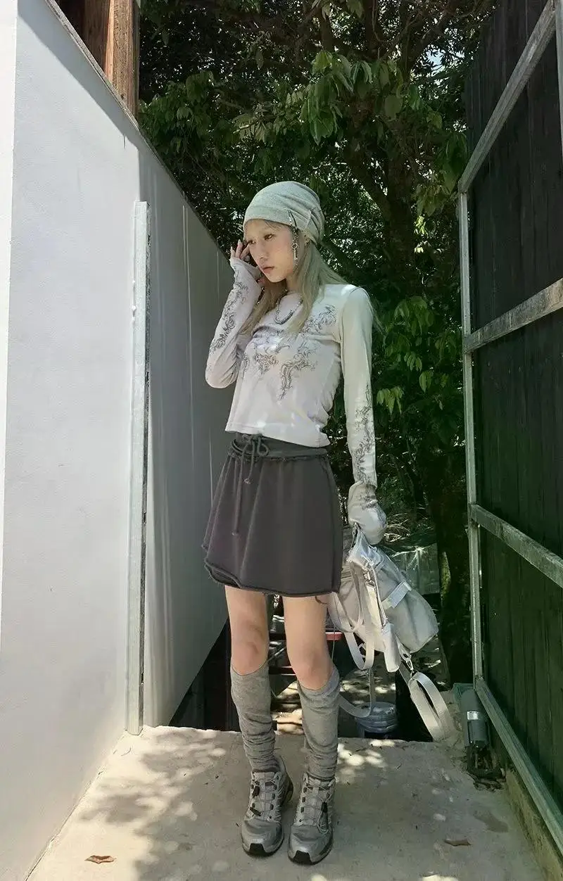 Vintage Women Clothes Y2K T-shirts 2023 Blusas O-neck Long Sleeve Print Tunic Woman Clothing Fashion Casual Crop Tops Shirts