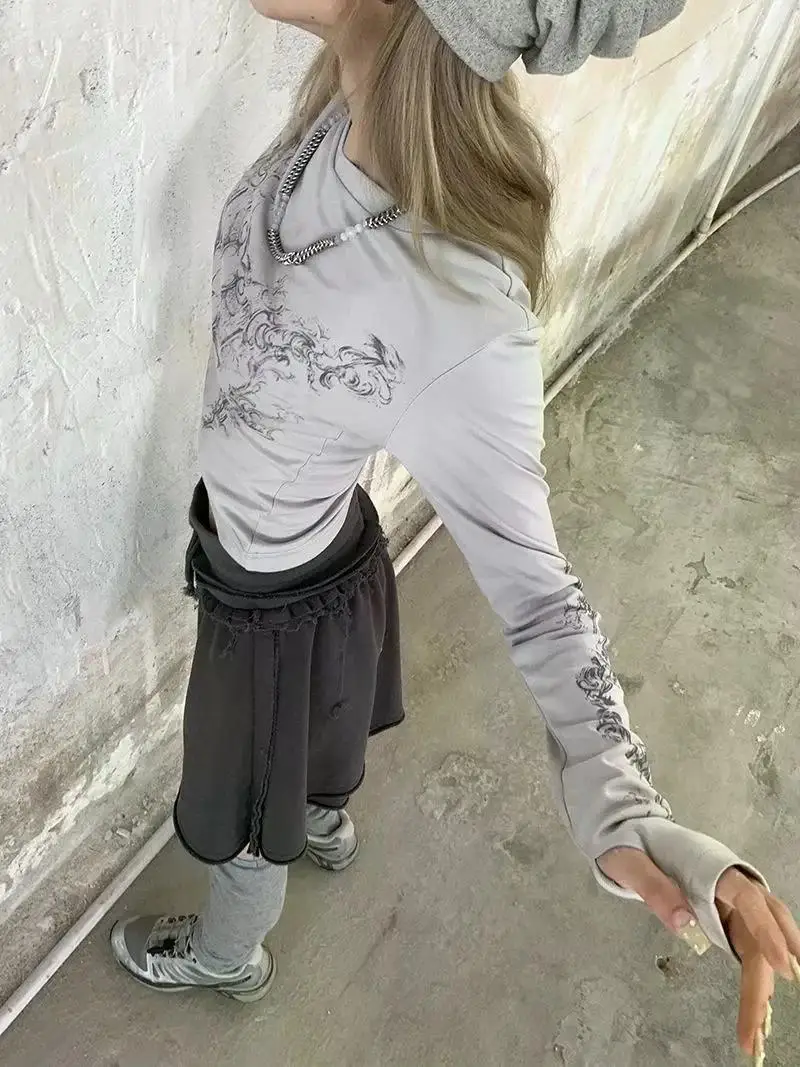 Vintage Women Clothes Y2K T-shirts 2023 Blusas O-neck Long Sleeve Print Tunic Woman Clothing Fashion Casual Crop Tops Shirts