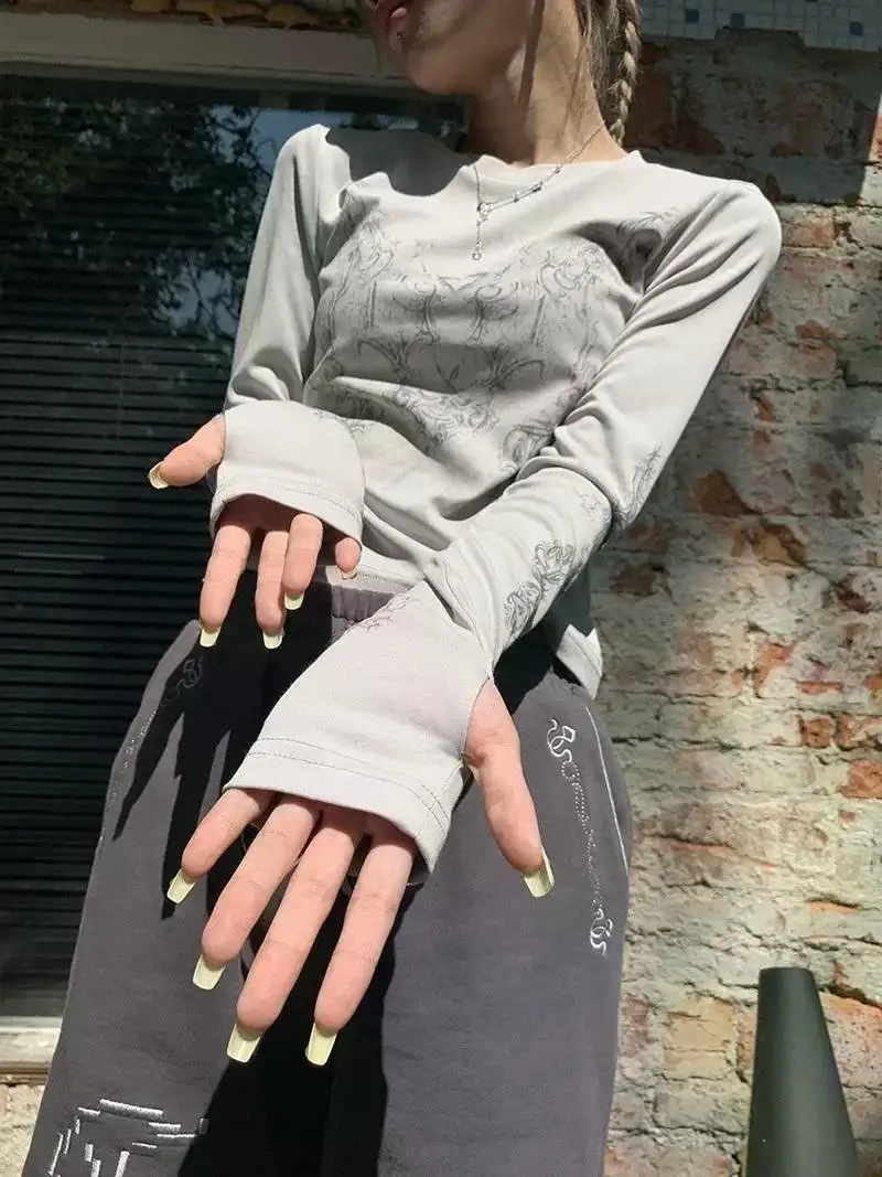 Vintage Women Clothes Y2K T-shirts 2023 Blusas O-neck Long Sleeve Print Tunic Woman Clothing Fashion Casual Crop Tops Shirts