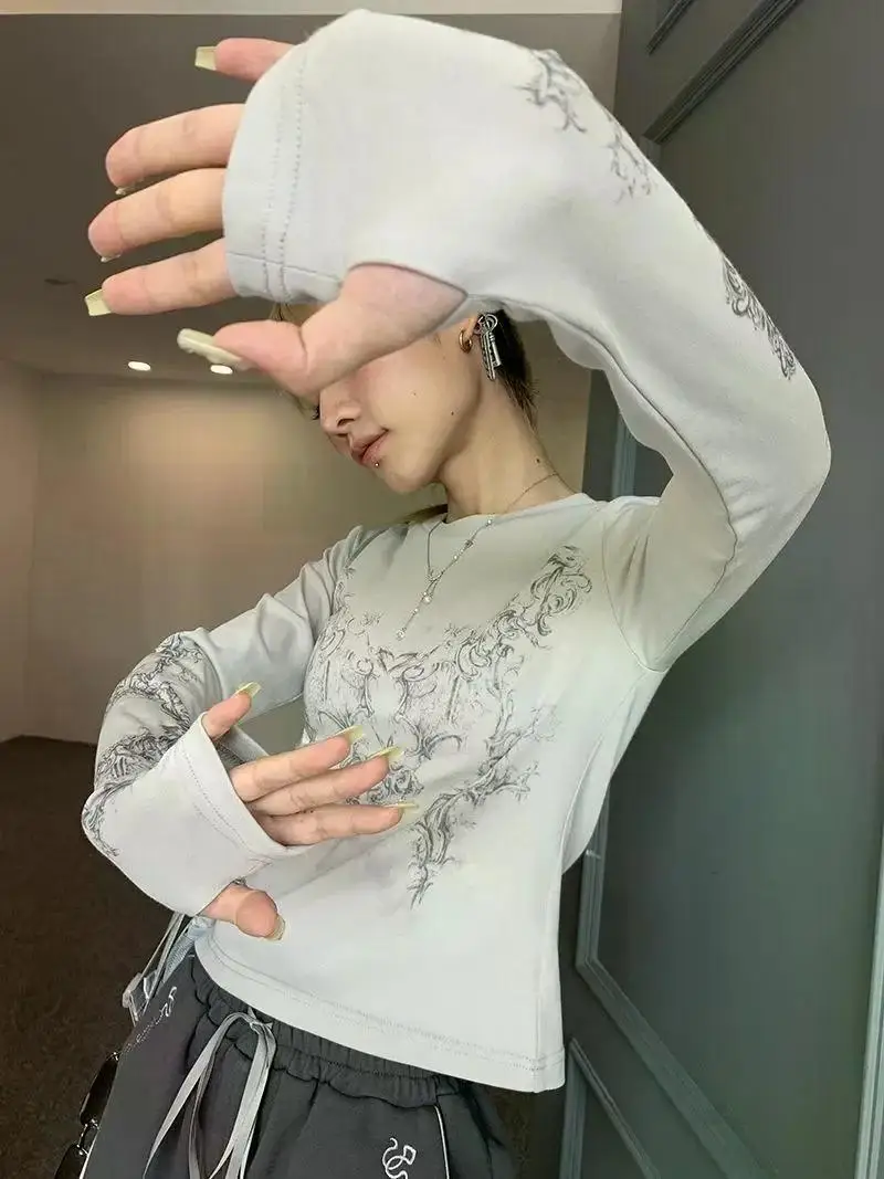 Vintage Women Clothes Y2K T-shirts 2023 Blusas O-neck Long Sleeve Print Tunic Woman Clothing Fashion Casual Crop Tops Shirts