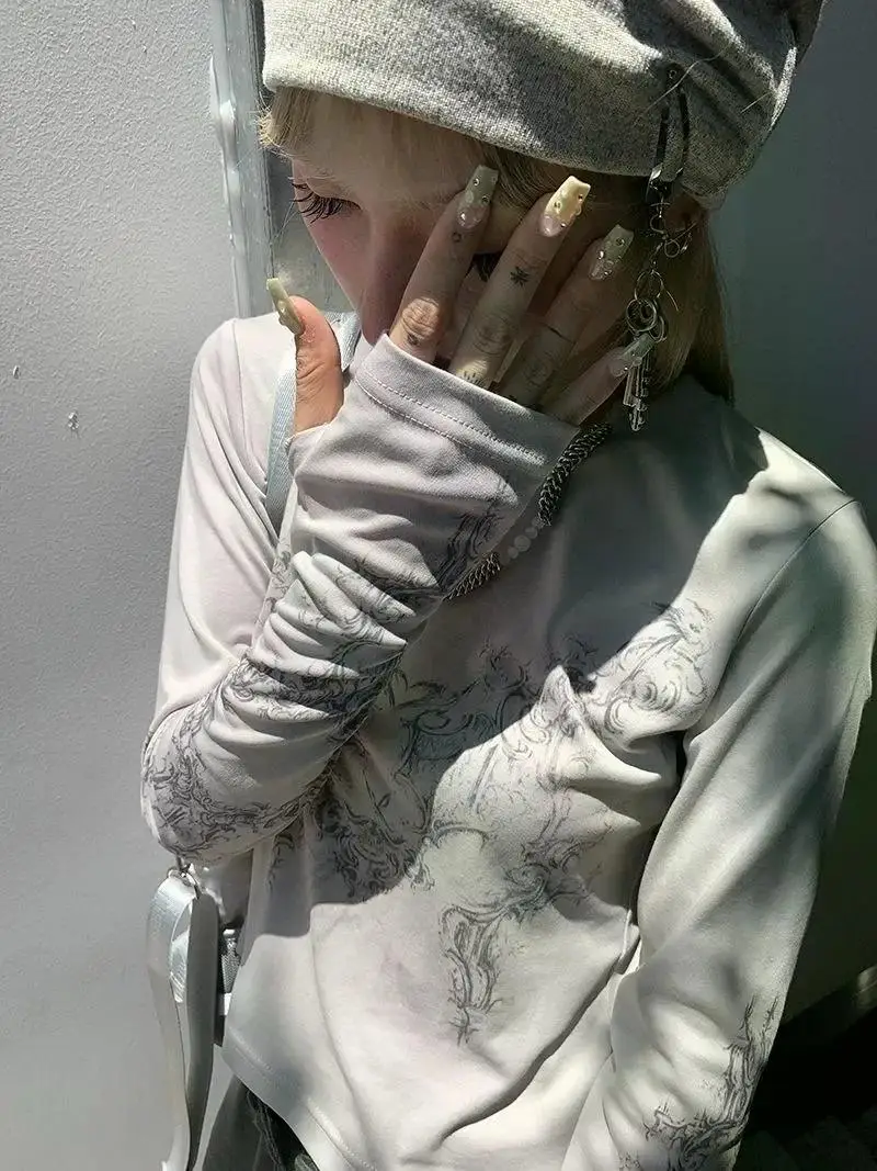 Vintage Women Clothes Y2K T-shirts 2023 Blusas O-neck Long Sleeve Print Tunic Woman Clothing Fashion Casual Crop Tops Shirts