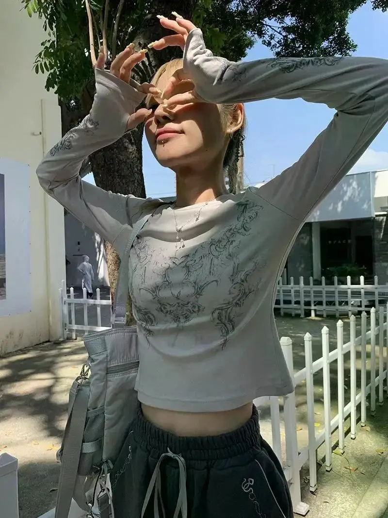 Vintage Women Clothes Y2K T-shirts 2023 Blusas O-neck Long Sleeve Print Tunic Woman Clothing Fashion Casual Crop Tops Shirts