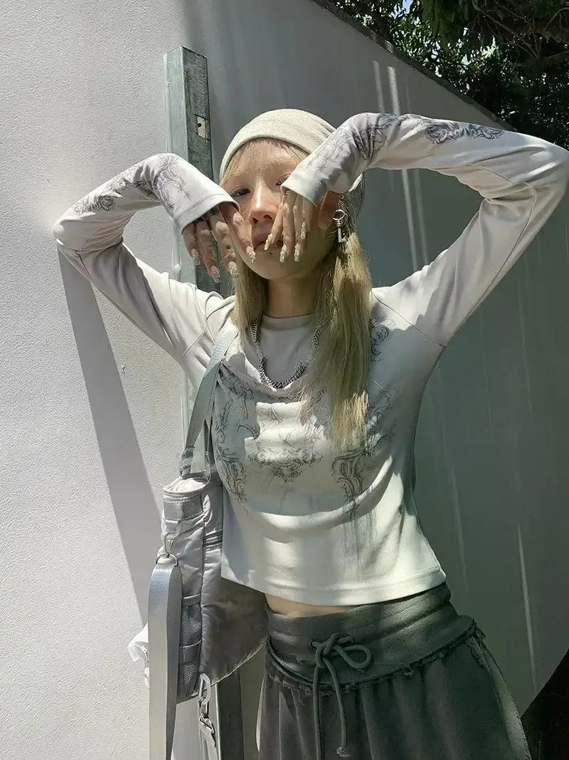 Vintage Women Clothes Y2K T-shirts 2023 Blusas O-neck Long Sleeve Print Tunic Woman Clothing Fashion Casual Crop Tops Shirts