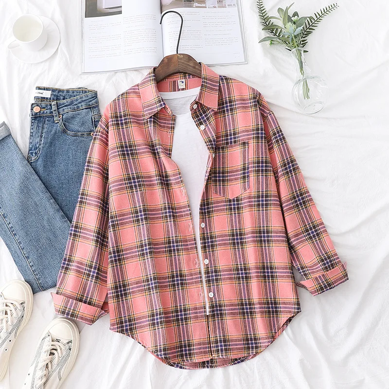 Brand Women's Flannel Plaid Shirts 2025 New Ladies Tops Exquisite Designer Style Loose Blouses Casual Cotton Long Sleeve Blouse