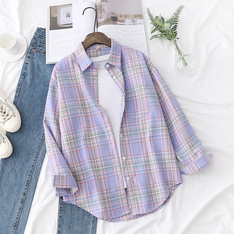 Brand Women's Flannel Plaid Shirts 2025 New Ladies Tops Exquisite Designer Style Loose Blouses Casual Cotton Long Sleeve Blouse