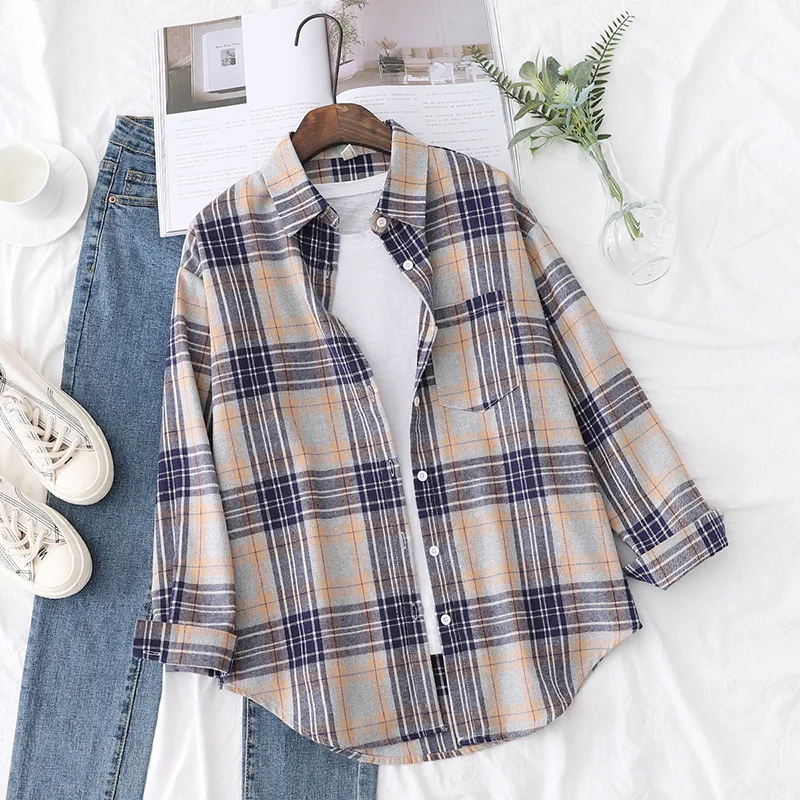Brand Women's Flannel Plaid Shirts 2025 New Ladies Tops Exquisite Designer Style Loose Blouses Casual Cotton Long Sleeve Blouse
