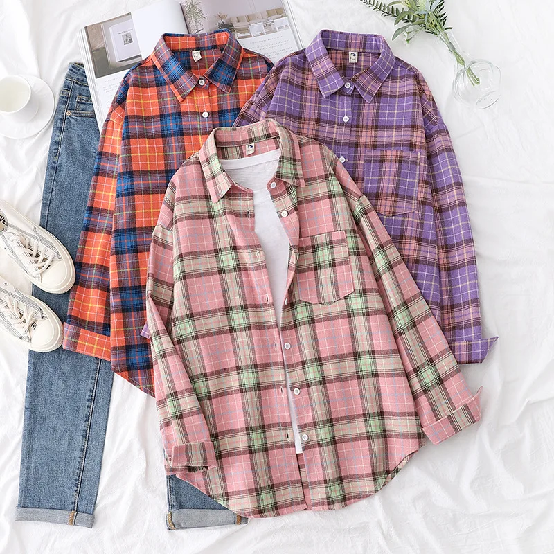 Brand Women's Flannel Plaid Shirts 2025 New Ladies Tops Exquisite Designer Style Loose Blouses Casual Cotton Long Sleeve Blouse