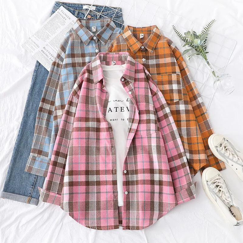Brand Women's Flannel Plaid Shirts 2025 New Ladies Tops Exquisite Designer Style Loose Blouses Casual Cotton Long Sleeve Blouse