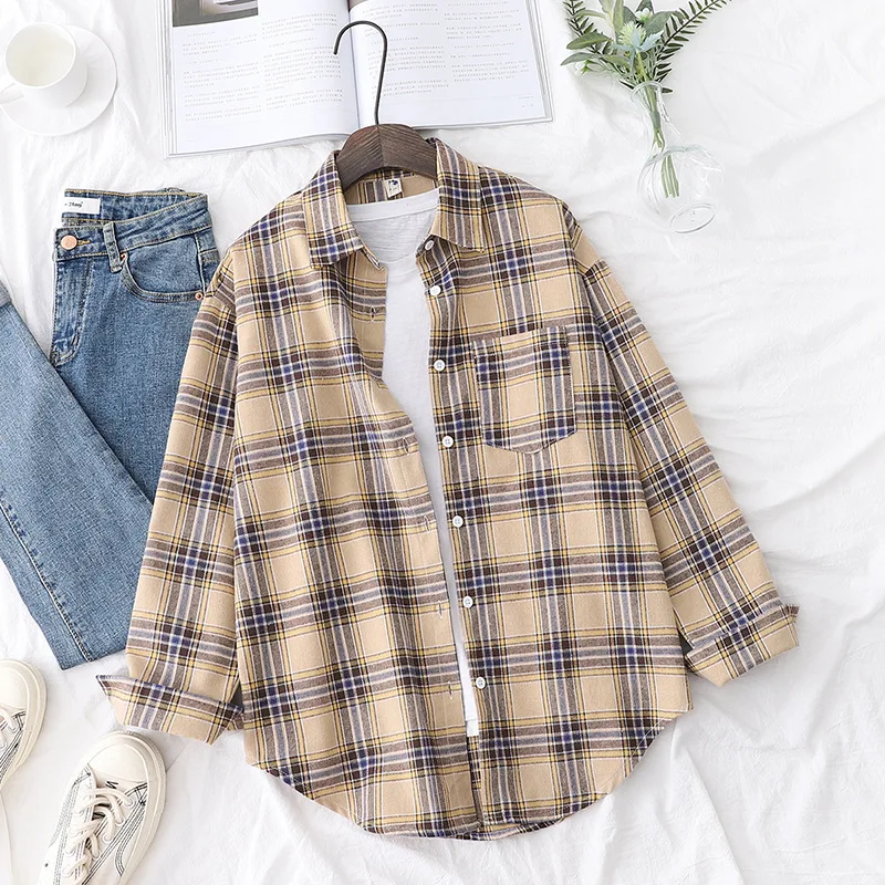 Brand Women's Flannel Plaid Shirts 2025 New Ladies Tops Exquisite Designer Style Loose Blouses Casual Cotton Long Sleeve Blouse