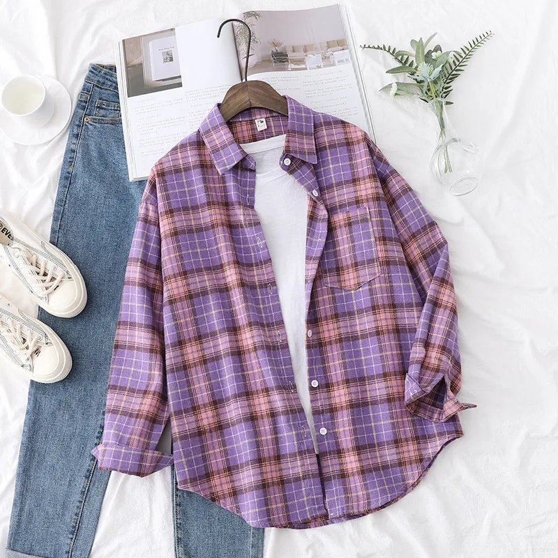 Brand Women's Flannel Plaid Shirts 2025 New Ladies Tops Exquisite Designer Style Loose Blouses Casual Cotton Long Sleeve Blouse