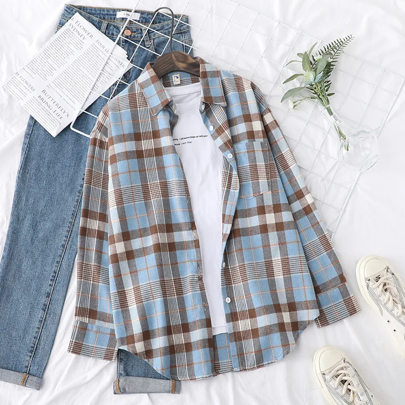 Brand Women's Flannel Plaid Shirts 2025 New Ladies Tops Exquisite Designer Style Loose Blouses Casual Cotton Long Sleeve Blouse