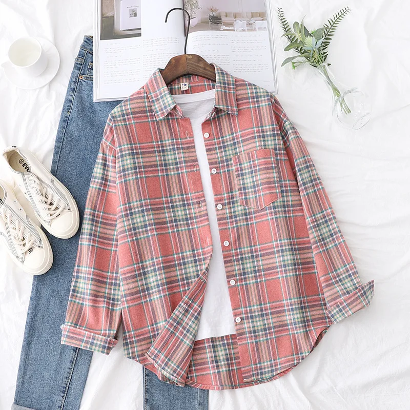 Brand Women's Flannel Plaid Shirts 2025 New Ladies Tops Exquisite Designer Style Loose Blouses Casual Cotton Long Sleeve Blouse