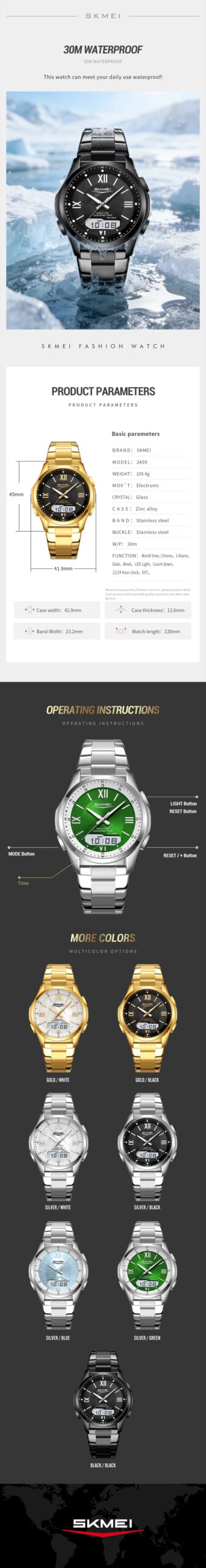 SKMEI 2459 Mens Multiple Time Quartz Analog Digital Display Sports Watches LED Waterproof Electronic Wristwatch reloj hombre