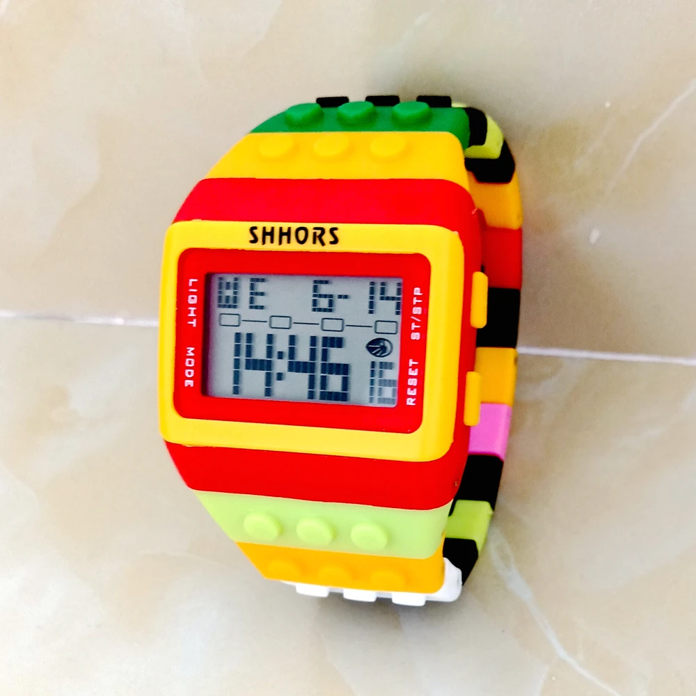 Fashion Students Mens Women Colourful SHHORS Building Blocks Plastic Waterproof Sport Digital Electronic Multifunctional Watches