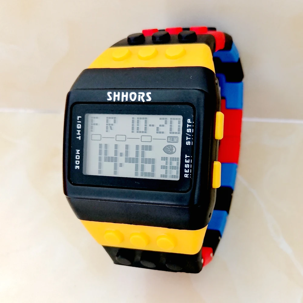 Fashion Students Mens Women Colourful SHHORS Building Blocks Plastic Waterproof Sport Digital Electronic Multifunctional Watches