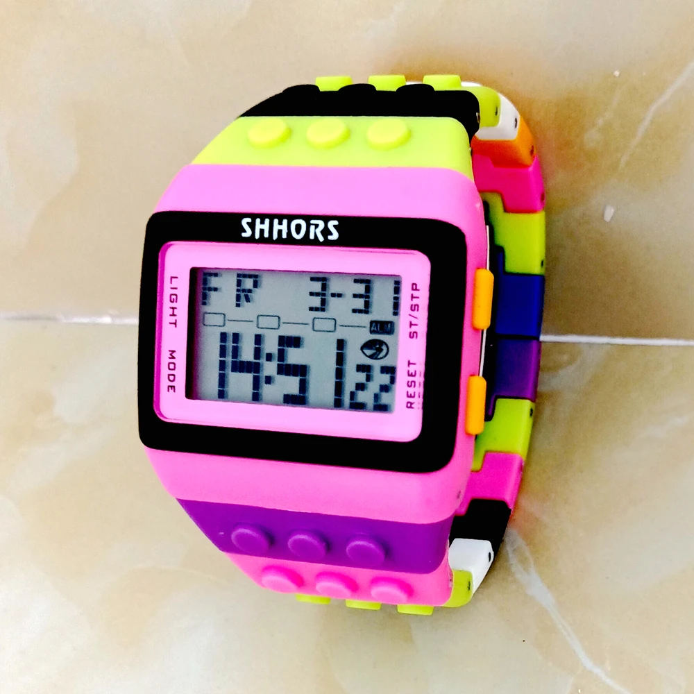 Fashion Students Mens Women Colourful SHHORS Building Blocks Plastic Waterproof Sport Digital Electronic Multifunctional Watches