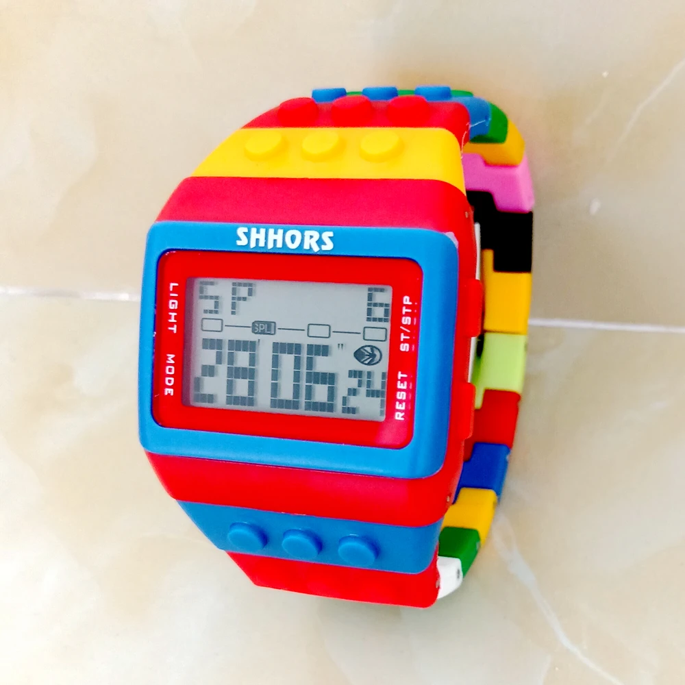 Fashion Students Mens Women Colourful SHHORS Building Blocks Plastic Waterproof Sport Digital Electronic Multifunctional Watches