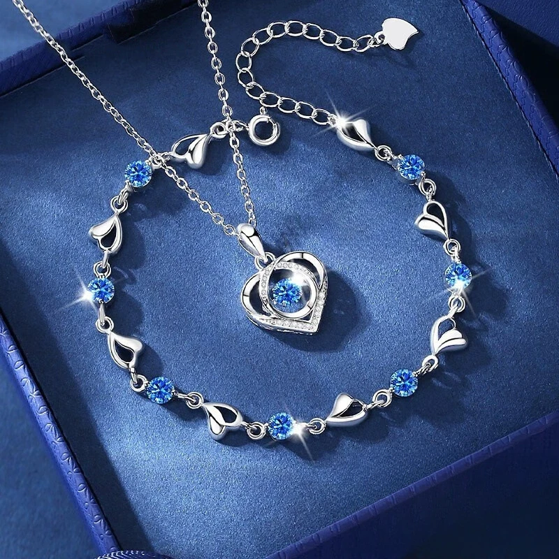 925 Sterling Silver Heart Shaped Necklace Bracelet Set for Women Vintage Korean Blue Crystal Bracelets Jewelry Set Party Jewelry