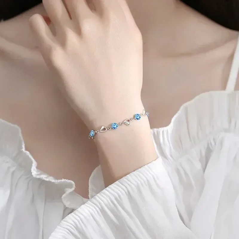 925 Sterling Silver Heart Shaped Necklace Bracelet Set for Women Vintage Korean Blue Crystal Bracelets Jewelry Set Party Jewelry