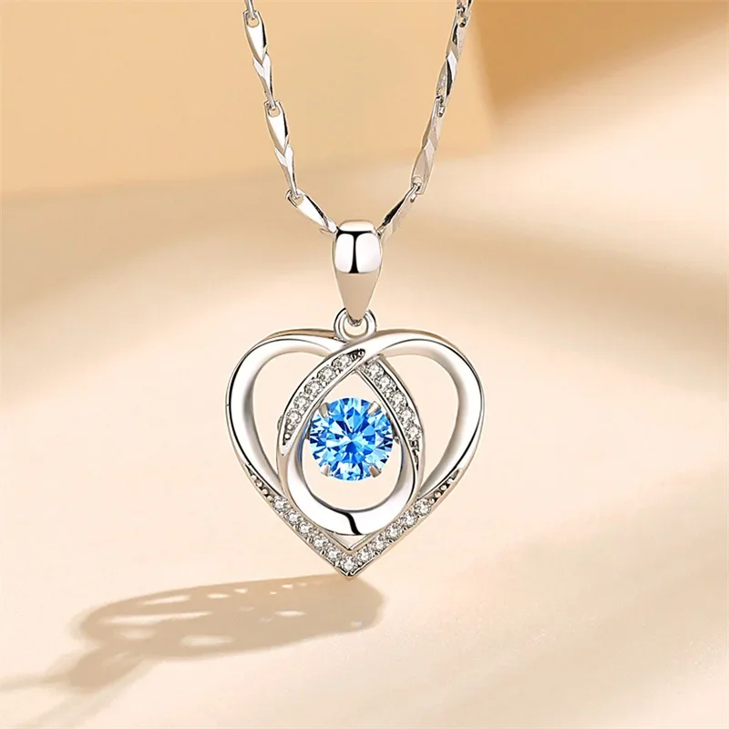 925 Sterling Silver Heart Shaped Necklace Bracelet Set for Women Vintage Korean Blue Crystal Bracelets Jewelry Set Party Jewelry