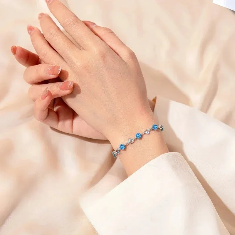 925 Sterling Silver Heart Shaped Necklace Bracelet Set for Women Vintage Korean Blue Crystal Bracelets Jewelry Set Party Jewelry