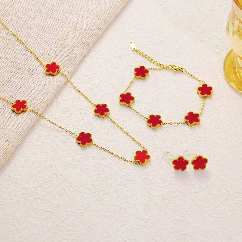 3-Piece Set of Plum Blossom Five-Leaf Flower Necklace Bracelet Women's Gift Jewelry Set for Parties