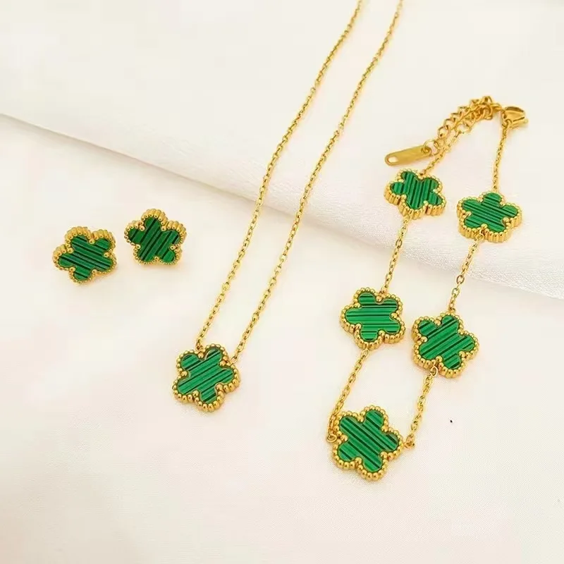 3-Piece Set of Plum Blossom Five-Leaf Flower Necklace Bracelet Women's Gift Jewelry Set for Parties